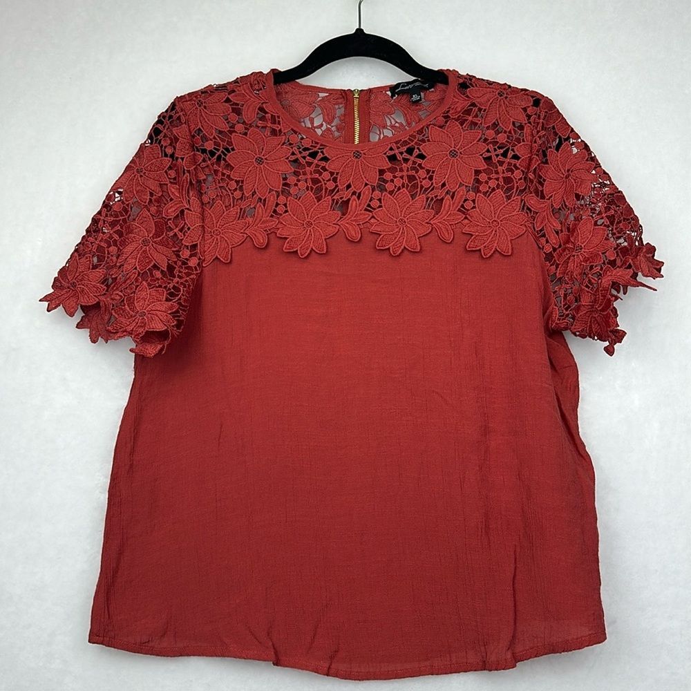 Boho Orange Crochet Lace Neck Top Sz XL